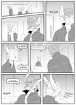 absurd_res ambiguous_gender anthro black_and_white braun_(kifyun2) canid canine clothed clothing comic dialogue english_text eyewear fox glasses group hi_res inner_ear_fluff inside kifyun2 lagomorph leporid male mammal monochrome necktie rabbit sho_kimura simple_background speech_bubble text tuft