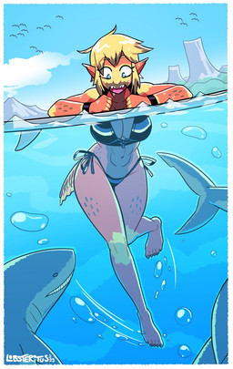 abs anthro anthro_focus big_breasts bikini blonde_hair blue_eyes breasts brown_body bubble clothing eyebrows feet female freckled_arms freckled_hips freckled_legs freckles hair humanoid_face muscular muscular_anthro muscular_female navel non-mammal_breasts non-mammal_navel open_mouth orange_body outside partially_submerged side-tie_bikini solo string_bikini surfboard swimwear thick_thighs two-piece_swimsuit water wide_hips wristband yellow_body lobsteritus aquatic fish shark 2025 hi_res