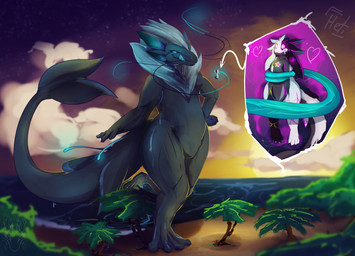 4_ears anthro bioluminescence blue_eyes blue_glow blue_tongue close-up cloud duo extreme_size_difference feet female fin forest fur glowing hair heart_eyes heart_symbol larger_female looking_at_another macro male membrane_(anatomy) micro multi_ear neck_tuft palm_tree plant sea seaside size_difference sky smaller_male smile star starry_sky sunset tail tail_fin teasing tendrils thick_thighs toes tongue tree tuft water webbed_feet webbed_hands dragheti mythology anari_(samkbd99) sam_(samkbd99) dragon furred_dragon furred_scalie kaiju maelstrorcas_(species) mythological_creature mythological_scalie scalie hi_res watermark