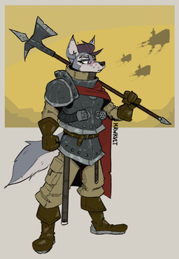 aircraft airship anthro armor belt belt_buckle brown_hair buckle cape clothing ears_up female fur gloves grey_body grey_fur hair halberd handwear holding_halberd holding_melee_weapon holding_object holding_polearm holding_weapon melee_weapon pipe polearm red_cape red_clothing simple_background solo tail vehicle weapon mawkvlt jaclyn_(revertigo) canid canine mammal absurd_res hi_res