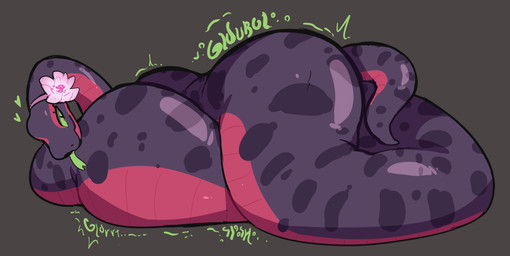 abdominal_bulge accessory ambiguous_gender ambiguous_prey black_body black_scales countershade_scales countershading duo female female_pred feral feral_pred flower forked_tongue green_eyes green_tongue headband markings multicolored_body multicolored_scales plant pupils red_body red_scales scales slit_pupils soft_vore sound_effects spots spotted_body spotted_scales tongue tongue_out vore eerieviolet ashali reptile scalie snake