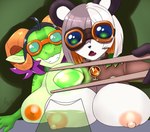 anthro big_breasts black_body black_fur breast_rest breast_squish breasts chopsticks clothing duo eyewear female fur goggles green_body grin horn huge_breasts inverted_nipples jacket medallion nipples smile squish topwear vial white_body white_fur furball georgie bear giant_panda kobold mammal reptile scalie