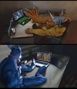3_toes 5_fingers ball_gag black_bars blue_body body_worship buttplug chastity_cage chastity_device claws collar computer cuff_(restraint) dildo duo electronics feet fingers foot_fetish foot_focus gag genitals grey_claws handcuffs humanoid_genitalia humanoid_hands humanoid_penis laptop male male/male masturbation metal_cuffs online oral oral_penetration penetration penile penile_masturbation penis plug_(sex_toy) restraints sex_toy sex_toy_in_mouth sex_toy_insertion shackles slave toe_claws toes video_call yellow_body yellow_penis stormrider bandai_namco digimon digimon_(species) flamedramon humanoid scalie wargreymon 3d_(artwork) digital_media_(artwork) hi_res letterbox source_filmmaker_(artwork)