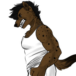 anthro clothed clothing fangs fur hair male muscular muscular_anthro muscular_male solo standing teeth redpixie hyena mammal spotted_hyena 1:1