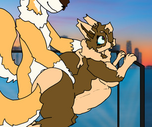abdominal_bulge anthro balcony big_penis brown_body brown_fur city city_background duo female female_penetrated fur genitals male male/female male_penetrating male_penetrating_female orange_body orange_fur overweight overweight_female penetration penis sex slim tan_body tan_fur white_body white_fur lucksterrabbit nintendo pokemon lucy_(lucksterrabbit) canid canine canis domestic_dog eevee generation_1_pokemon mammal pokemon_(species) shiba_inu spitz 6:5 absurd_res hi_res