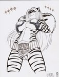 anthro belt big_breasts boxing boxing_gloves breasts champion championship_belt clothed clothing eyebrow_through_hair eyebrows eyelashes eyelashes_through_hair female fluffy fluffy_tail fur gloves hair handwear inner_ear_fluff long_hair looking_at_viewer navel simple_background smile solo sport striped_body striped_fur stripes tail text topless translucent translucent_hair tuft under_boob white_background max_blackrabbit zig_zag felid hybrid mammal mephitid pantherine skunk tiger 2012 black_and_white english_text hi_res marker_(artwork) monochrome pen_(artwork) signature traditional_media_(artwork)