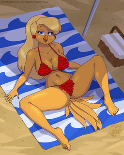 anthro basket beach beach_blanket big_breasts bikini breasts clothing container ear_piercing ear_ring female high-angle_view looking_at_viewer lying navel non-mammal_breasts non-mammal_navel on_back picnic_basket piercing ring_piercing sand solo spread_legs spreading swimwear thick_thighs two-piece_swimsuit wide_hips jayheartwing don_bluth rock-a-doodle goldie_pheasant avian bird galliform phasianid pheasant 4:5 absurd_res hi_res