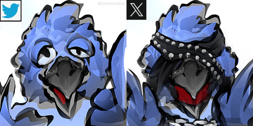anthro ball_gag bdsm before_and_after blindfold bondage bound chain corruption cuff_(restraint) feathers gag handcuffed handcuffs mascot metal_cuffs restraints slave x_logo cycadaacolyte twitter x_(social_media) x_corporation tweetfur avian bird 2:1 absurd_res hi_res meme