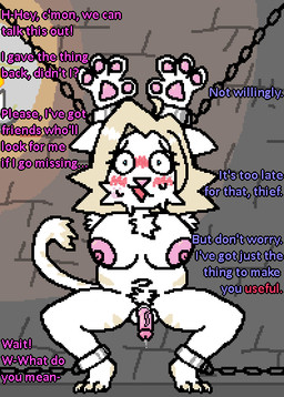 against_surface against_wall anthro balls bdsm begging bodily_fluids bondage bound breasts crouching cuff_(restraint) dialogue dripping dungeon exposed_breasts genital_fluids genitals gynomorph intersex nervous nervous_smile penis precum precum_drip restraints solo sweat text pinkyjane jane_(pinkyjane) felid feline mammal english_text trans_(lore) trans_woman_(lore)