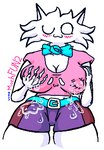 anthro belt blush bodily_fluids bow_tie breast_milking clothing female fur lactating milk owo pink_clothing pink_shirt pink_topwear shirt solo spilled_milk topwear torn_clothing white_body white_fur funnyman2 domestic_cat felid feline felis mammal low_res