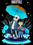 absurd_res animated_skeleton bone child clothing duo english_text flower footwear frisk_(undertale) fungus grass hair hi_res holding_flower holding_object human jacket male mammal mushroom not_furry open_mouth outside plant sans_(undertale) shoes simple_background skeleton slippers smile telescope text topwear umbrella undead undertale undertale_(series) young zaemon