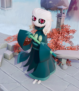 autumn_leaves clothing eyelashes female fusion green_clothing hair holding_object looking_at_viewer red_eyes robe solo standing waterfall white_body white_hair lorded nine_sols nintendo pokemon red_candle_games heng_(nine_sols) generation_4_pokemon mismagius pokemon_(species) 3d_(artwork) absurd_res digital_media_(artwork) hi_res
