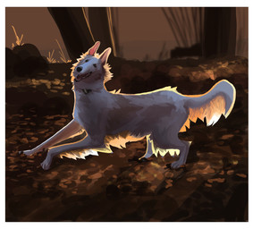 4_toes ambiguous_gender beady_eyes border detailed_background digitigrade feet feral fluffy fluffy_tail forest forest_background fur happy looking_at_viewer monotone_body monotone_fur nature nature_background night open_mouth outside paws plant running solo tail teeth toes tongue tree tuft white_body white_border white_fur sodafolf borzoi canid canine canis domestic_dog hunting_dog mammal sighthound 2025 absurd_res digital_media_(artwork) hi_res
