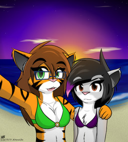anthro beach bikini breasts cleavage clothed clothing duo eyewear female glasses green_bikini green_clothing green_swimwear hair o-ring o-ring_bikini o-ring_bikini_top o-ring_swimwear purple_bikini purple_clothing purple_swimwear seaside sunset swimwear two-piece_swimsuit jknewlife hanna_(jknewlife) hazel_silvia domestic_cat felid feline felis mammal pantherine tiger hi_res
