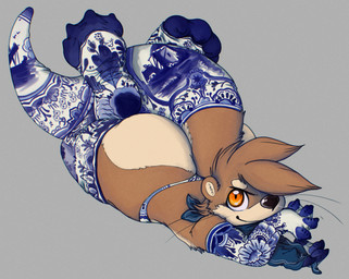 anthro armwear big_butt brown_body brown_fur butt clothing delft elbow_gloves fur furgonomics gloves grey_background handwear head_tuft huge_butt legwear looking_at_viewer lying male on_front orange_eyes print_clothing print_gloves print_handwear print_legwear print_stockings simple_background smile solo stockings tail tail_clothing tail_stocking thong tuft underwear wide_hips stormdragonblue mao_otter mammal mustelid otter full-length_portrait hi_res portrait