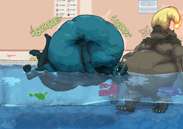 abdominal_bulge anthro bulge duo floating male male/male nude onomatopoeia open_mouth oral_vore overweight rumbling_stomach sound_effects swimming_pool text vore chopangigante nintendo pokemon bluep druidbluep lucan_(sidonias) bat charizard demon generation_1_pokemon hybrid mammal mustelid otter pokemon_(species) english_text hi_res