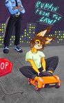 anthro bad_choices broken_sign brown_hair city cityscape clothed clothing determined driving duo female fur hair male multicolored_eyes on_car police police_uniform sign solo_focus stop_sign text toy_car uniform yellow_body yellow_fur mountaincat catherine_(mountaincat) canid canine canis felid feline lynx mammal wolf hi_res