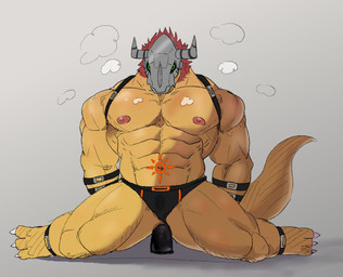 abs anal anal_penetration anthro armor clothing dildo dildo_in_ass dildo_insertion dildo_sitting hair headgear helmet male muscular muscular_anthro muscular_male nipples object_in_ass orange_body pecs penetration red_hair sex_toy sex_toy_in_ass sex_toy_insertion solo thong underwear lon_kri bandai_namco digimon digimon_(species) wargreymon hi_res