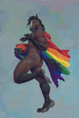 abstract_background anthro anus backsack balls barely_visible_anus barely_visible_balls barely_visible_genitalia brown_body brown_fur butt feet fur genitals gloves_(marking) humanoid_feet humanoid_hands leg_markings looking_back male markings muscular muscular_butt muscular_male muscular_thighs plantigrade pride_color_flag socks_(marking) solo thick_thighs nemera equid equine horse mammal hi_res