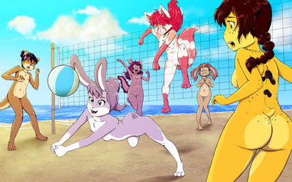 adolescent anthro areola ball beach beach_volleyball biped breasts buckteeth butt casual_nudity eyebrows feet female fingers flat_chested freckles fur genitals group hair jumping navel net nipples nude open_mouth outdoor_nudity outside playing_sport sand seaside sky smile sport standing tail teeth text toes volleyball volleyball_(ball) volleyball_net vulva water young young_anthro young_female risingdragon ginger_(risingdragon) joana_(lunarciph) kurimi_(lunarciph) mekiko amphibian axolotl canid canine fox frog lagomorph leporid mammal marine mole_salamander rabbit salamander 16:10 digital_media_(artwork) english_text hi_res widescreen