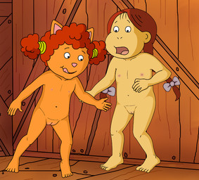 accessory anthro bow_(feature) bow_accessory bow_ribbon duo female female/female genitals hair hair_accessory hair_bow hair_ribbon licking licking_lips navel nipples nude open_mouth pigtails red_hair ribbons self_lick tongue tongue_out vulva young young_anthro tralalal arthur_(series) muffy_crosswire sue_ellen_armstrong domestic_cat felid feline felis haplorhine mammal monkey primate 2015