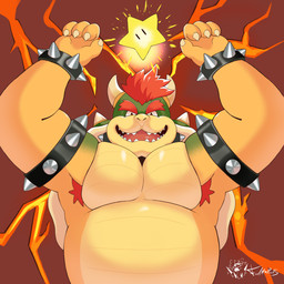 anthro armpit_hair body_hair hair lava male musclegut muscular muscular_male red_hair sharp_teeth solo teeth volcano yellow_body feelmyresets mario_bros nintendo bowser power_star dragon_koopa koopa reptile scalie 1:1 hi_res