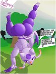 anthro back_boob big_butt breasts butt female nude outline purple_body rear_view red_eyes solo speech_bubble standing_on_hands tail text thick_thighs upside_down voy_barranca_abajo nintendo pokemon generation_5_pokemon mienshao pokemon_(species) english_text hi_res