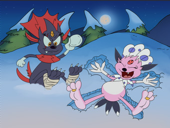 3_toes 4_fingers ambiguous_gender anthro bandage claws countershade_feet countershading detailed_background digit_ring duo eyes_closed feathers feet fingers fur happy jewelry moon night open_mouth paws pink_body pink_fur pink_soles plant plantigrade pokemorph purple_eyes ring scar snow snow_angel snowball soles tail toe_claws toe_ring toes toony tree two_tone_feet two_tone_paws winter wrinkled_feet wrinkles yellow_eyes rockosedits nintendo pokemon easel_(character) fan_character kerolink generation_4_pokemon pokemon_(species) weavile 4:3 colored digital_media_(artwork) full-length_portrait portrait