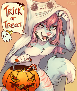 anthro bangs blue_body blue_eyes blue_fur candy clothing collar costume dessert eyelashes food fur ghost_costume hair halloween_costume heterochromia holding_object holidays long_hair looking_at_viewer male markings mole_under_eye open_mouth orange_background pink_eyes pink_hair red_eyes simple_background solo striped_markings stripes tail talking_to_viewer text white_body white_fur konejo halloween canid canine mammal colored colored_sketch digital_drawing_(artwork) digital_media_(artwork) english_text hi_res shaded sketch
