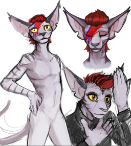 anthro black_clothing black_topwear brown_eyes clothing eyes_closed featureless_crotch glistening glistening_eyes grey_body hair looking_at_viewer male mouth_closed nude pupils red_hair simple_background slit_pupils solo standing striped_arms striped_body stripes topwear unsigned white_background yellow_sclera acidic david_bowie_(artist) cid_(acidic) felid mammal sketch_page