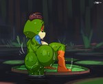 anthro big_butt biped breasts butt female green_body huge_butt lily_pad multicolored_body nude plant rear_view solo thick_thighs wet wet_body joaoppereiraus lotte_(joaoppereiraus) amphibian frog