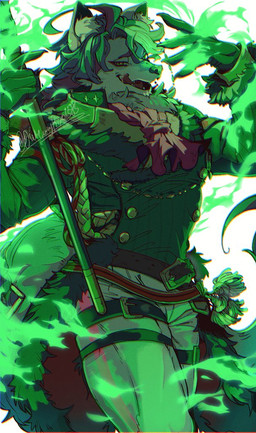 anthro bottomwear clothing colored_fire eyewear fancy_clothing fire fluffy fluffy_tail fur gloves green_fire hair handwear holding_scepter kerchief leg_belt licking licking_lips looking_at_viewer male monocle multicolored_body multicolored_fur neckerchief neckwear open_mouth pants scepter solo tail tongue tongue_out topwear two_tone_body two_tone_fur 0wtwugrixo1585 compass_(combat_providence_analysis_system) charles_richter_(compass) canid canine canis mammal wolf 2026