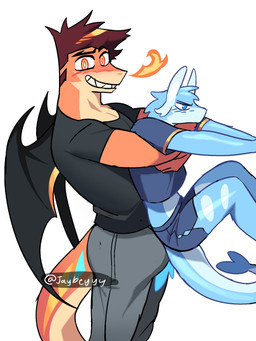 annoyed anthro bat_wings black_clothing black_eyebrows black_shirt black_topwear black_wings blue_blush blue_body blue_clothing blue_shirt blue_topwear blush blush_lines bottomwear breath_powers clenched_teeth clothed clothing duo elemental_manipulation eyebrows fin fire fire_breathing fire_manipulation hug hugging_another hugging_from_behind leg_markings lifting_another looking_at_viewer male male/male markings membrane_(anatomy) membranous_wings multicolored_tail narrowed_eyes pants partially_clothed raised_eyebrow shirt simple_background tail tail_aside tail_fin teeth topwear white_background wings jaybeyyy mythology aldrake_(jaybeyyy) blou_(jaybeyyy) aquatic aquatic_dragon dragon mythological_creature mythological_scalie scalie 3:4 hi_res