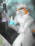 anthro chemicals clothing coat electricity eyewear fluffy fluffy_tail fur gloves goggles grin handwear insane mad_scientist male science scientist smile solo tail topwear darkness35wolf rigel_(rigelcentauri) canid canine canis mammal wolf 3:4 digital_media_(artwork) hi_res lineless