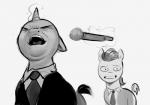 clothed clothed_feral clothing duo electronics feral horn magic male microphone necktie simple_background suit white_background imalou bitcoin bitconnect hasbro my_little_pony mythology carlos_matos equid equine mammal mythological_creature mythological_equine unicorn 2018 meme monochrome