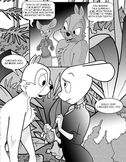 4_fingers anthro breasts buckteeth cheek_tuft chest_tuft clothing dialogue duo ears_back eye_contact facial_tuft female fingers food forest fruit gesture looking_at_another male male/female nut_(fruit) pivoted_ears plant shrug sweater teeth topwear tree tuft turtleneck chris_fischer chip_'n_dale_rescue_rangers disney chip_(disney) gadget_hackwrench chipmunk ground_squirrel mammal mouse murid murine rodent sciurid hi_res