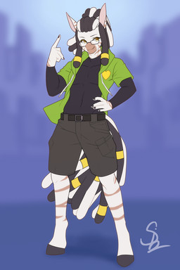 anthro black_coded bottomwear clothed clothing dreadlocks eyewear glasses hair hair_jewelry heart_symbol hooves male multicolored_hair simple_background solo topwear two_tone_hair unguligrade yellow_eyes nariikhan zahk_(knight) equid equine mammal zebra 2:3 absurd_res digital_media_(artwork) hi_res