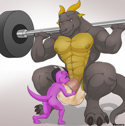 4_horns abs age_difference anthro anthro_on_anthro assisted_exposure balls biceps big_balls big_penis black_claws black_hair bodily_fluids bulge bulge_lick butt claws clothed clothed/nude clothing clothing_pull countershade_torso countershading crouching duo exercise eyebrows genitals hair horn iris larger_anthro larger_male licking looking_at_genitalia looking_at_penis looking_down male multi_horn muscular muscular_anthro muscular_male nipples nude older_male oral pecs penile penis penis_base penis_lick pupils purple_tail sex size_difference smaller_anthro sweat tail text tongue tongue_out underwear underwear_pull undressing_another vein veiny_penis yellow_body yellow_countershading yellow_eyes yellow_horn young young_anthro foxserx mythology dragon mythological_creature mythological_scalie reptile scalie wingless_dragon 2023 absurd_res artist_name hi_res