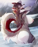 anthro big_breasts big_butt breasts brown_hair butt female fur hair long_hair multicolored_body multicolored_fur nipples nude outside solo water wet wet_body wet_fur bunnywhiskerz canid canine canis mammal wolf 2022 digital_media_(artwork) shaded