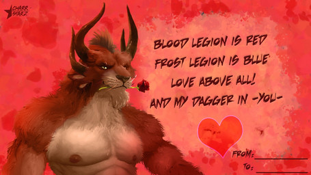4_ears anthro brown_body brown_fur countershading facial_hair flower flower_in_mouth fur goatee heart_symbol holidays horn light male mane multi_ear nipples pecs plant red_background rose_(flower) rose_in_mouth simple_background solo suggestive_text text valentine's_day_card whisker_spots whiskers dimastarz guild_wars valentine's_day bangar_ruinbringer charr felid mammal 16:9 2022 colored digital_media_(artwork) digital_painting_(artwork) english_text hi_res lighting painting_(artwork) shaded widescreen
