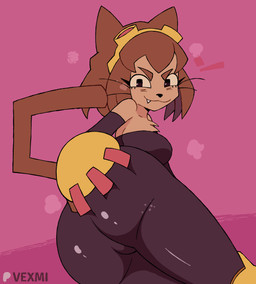 anthro black_clothing butt butt_grab clothing eyewear eyewear_on_head female goggles goggles_on_head hand_on_butt solo vexmi gameoverse glitch_productions kit_bodega domestic_cat felid feline felis mammal animated animated_webp hi_res