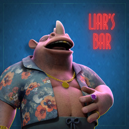 aloha_shirt anthro blue_bottomwear blue_clothing blue_pants blue_shirt blue_topwear bottomwear bracelet chain_necklace clothed clothing eyes_closed facial_horn front_view hand_on_belly horn jewelry laugh male necklace nose_horn open_clothing open_mouth open_shirt open_topwear overweight overweight_anthro overweight_male pants pattern_clothing pattern_shirt pattern_topwear ring shirt smile solo topwear unknown_artist liar's_bar gerk_(liar's_bar) mammal rhinoceros 1:1 2024 3d_(artwork) digital_media_(artwork) official_art