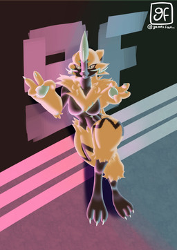 anthro black_body black_fur blue_body blue_fur breasts chest_tuft claws eyelashes fangs female fur looking_at_viewer multicolored_body multicolored_fur pawpads paws solo teeth thick_thighs tuft yellow_body yellow_fur gamesfan nintendo pokemon felid feline generation_7_pokemon legendary_pokemon mammal pokemon_(species) zeraora absurd_res hi_res signature