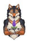 2019 ambiguous_gender anthro black_body black_fur black_nose canid canine canis delphinium_(flower) digital_media_(artwork) flower fur katie_hofgard looking_at_viewer mammal orange_eyes plant solo whiskers wolf