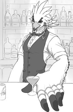 alcohol anthro bar bartender beak beverage bottle bow_tie clothing cocktail cocktail_glass container cup drinking_glass feathers glass glass_container glass_cup male martini serving solo topwear vest white_body white_feathers machikkk breath_of_the_wild nintendo the_legend_of_zelda teba_(tloz) avian bird rito 2021 greyscale monochrome