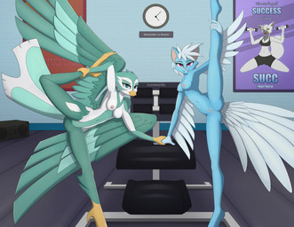 anthro beak blue_body blue_fur breasts clitoris clock duo feathered_wings feathers female fur genitals green_body green_feathers gym hair looking_at_viewer navel nipples non-mammal_breasts nude poster smile tail tail_feathers vulva white_hair wings remarkably_average dreamkeepers shake_weight fae_winters mrs_calah avian bird felid mammal absurd_res hi_res
