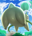 ambiguous_gender butt chikorita cloud diacordst dust feral forced_perspective generation_2_pokemon hi_res jumping nintendo plant pokemon pokemon_(species) red_eyes solo tree vines