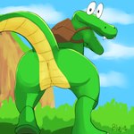 anthro anus backpack backpack_only bag big_butt butt claws day grass looking_at_viewer looking_back male outside plant presenting presenting_hindquarters rear_view solo standing teeth blujie croc_(series) croc_(croc) crocodile crocodilian reptile scalie absurd_res hi_res