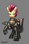 amber_eyes ambiguous_gender armor clothed clothed_feral clothing feral fur grey_background hooves looking_at_viewer machine mane power_armor purple_mane quadruped raised_hoof simple_background solo tan_body tan_fur text jedayskayvoker fallout fallout_equestria friendship_is_magic hasbro microsoft my_little_pony brotherhood_of_steel_(fallout) fan_character earth_pony equid equine horse mammal pony 2021 2:3 absurd_res crossover english_text full-length_portrait hi_res portrait signature