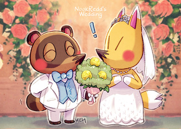 anthro belly blush bottomwear bow_tie chibi clothing dress duo exclamation_point eyes_closed male pants shirt slightly_chubby text topwear wedding wedding_dress nieh4real animal_crossing nintendo crazy_redd tom_nook_(animal_crossing) canid canine fox mammal raccoon_dog tanuki 2020 english_text